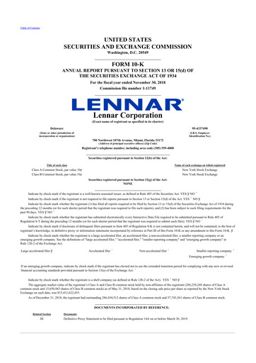 Miniature Lennar 10-K Rapport annuel 2018