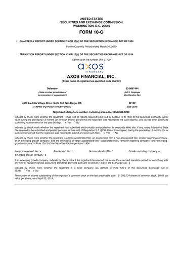 Thumbnail Axos Financial
 10-Q Quarterly Report FY2019 