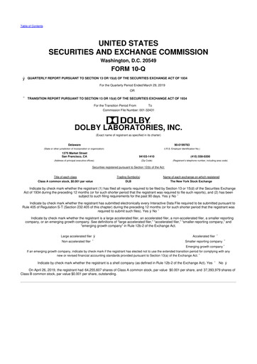 Thumbnail Dolby 10-Q Quarterly Report FY2019 