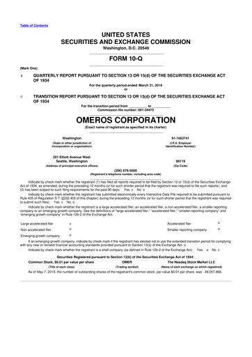 Vorschaubild Omeros Corporation 10-Q Quartalsbericht 2019 