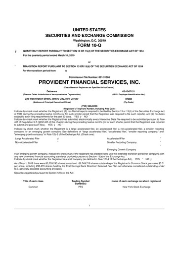 Thumbnail Provident Financial Services 10-Q Quarterly Report FY2019 