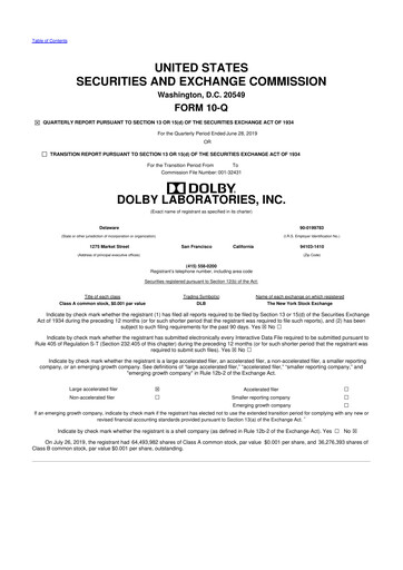 Thumbnail Dolby 10-Q Quarterly Report FY2019 