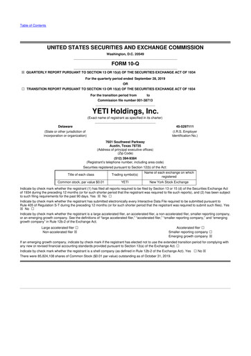 Thumbnail YETI Holdings
 10-Q Quarterly Report FY2019 