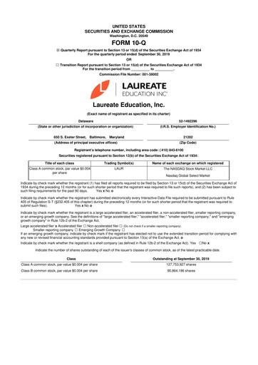 Thumbnail Laureate Education
 10-Q Quarterly Report FY2019 