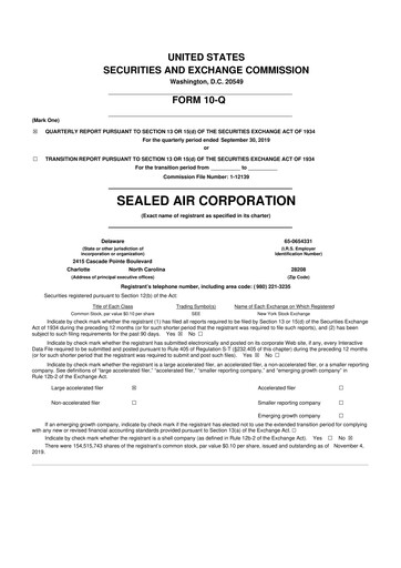 Thumbnail Sealed Air
 10-Q Quarterly Report FY2019 