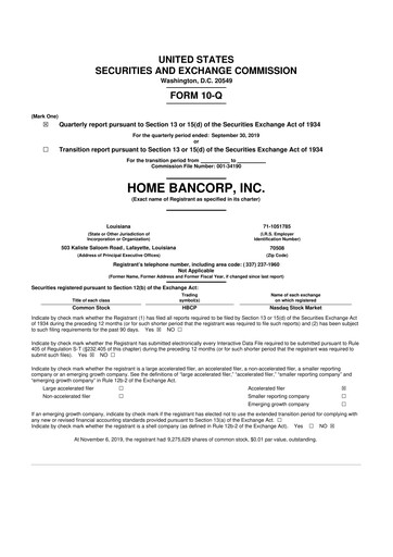 Thumbnail Home Bancorp
 10-Q Quarterly Report FY2019 