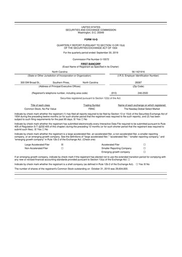Thumbnail First Bancorp
 10-Q Quarterly Report FY2019 