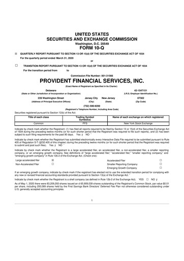 Thumbnail Provident Financial Services 10-Q Quarterly Report FY2020 