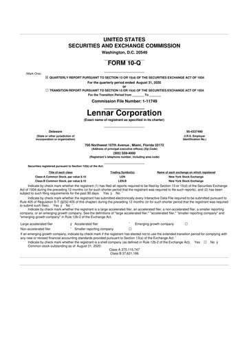 Miniature Lennar 10-Q Rapport trimestriel 2020 
