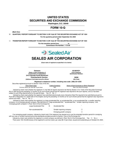 Thumbnail Sealed Air
 10-Q Quarterly Report FY2020 