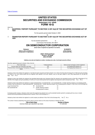 Thumbnail ON Semiconductor 10-Q Quarterly Report FY2020 