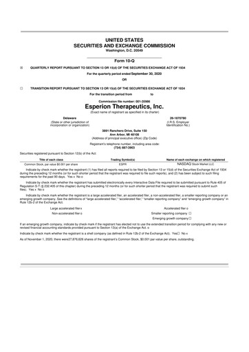 Thumbnail Esperion Therapeutics 10-Q Quarterly Report FY 