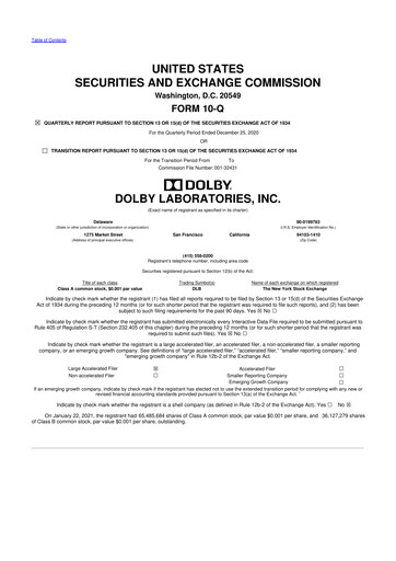 Thumbnail Dolby 10-Q Quarterly Report FY2021 