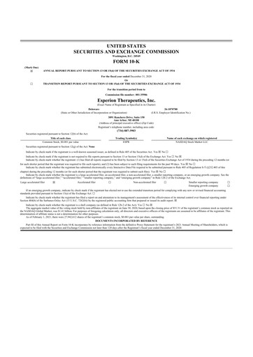 Miniature Esperion Therapeutics 10-K Rapport annuel 2020