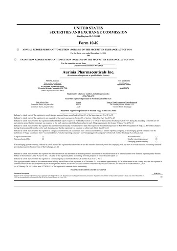 Thumbnail Aurinia Pharmaceuticals
 10-K Annual Report 2020