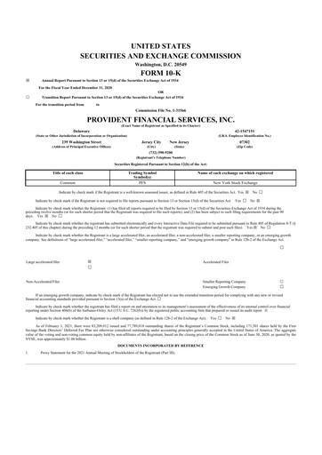Thumbnail Provident Financial Services 10-K Annual Report 2020