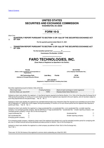 Miniature Faro Technologies
 10-Q Rapport trimestriel 2021 