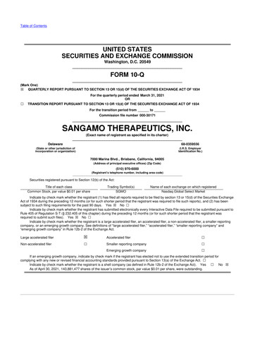 Thumbnail Sangamo Therapeutics
 10-Q Quarterly Report FY2021 
