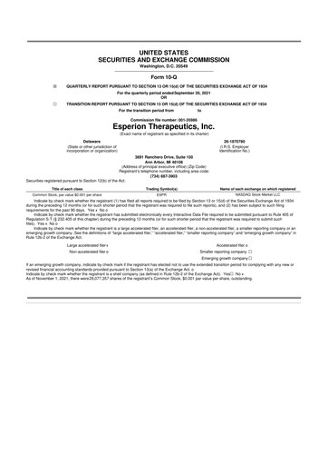 Thumbnail Esperion Therapeutics 10-Q Quarterly Report FY 