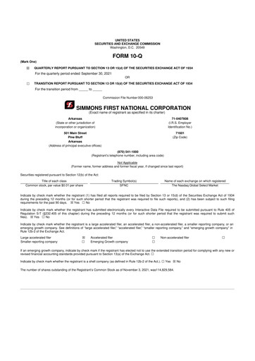 Thumbnail Simmons First National 10-Q Quarterly Report FY2021 