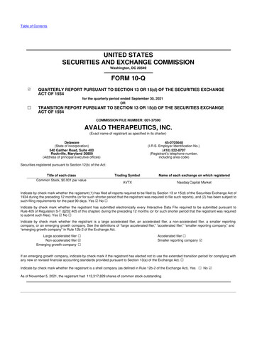 Thumbnail Avalo Therapeutics 10-Q Quarterly Report FY2021 