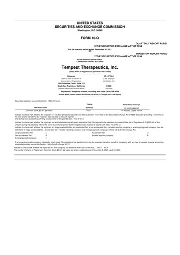 Thumbnail Tempest Therapeutics 10-Q Quarterly Report FY2021 