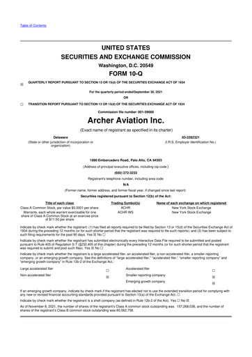 Thumbnail Archer Aviation 10-Q Quarterly Report FY2021 