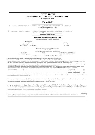 Thumbnail Aurinia Pharmaceuticals
 10-K Annual Report 2021