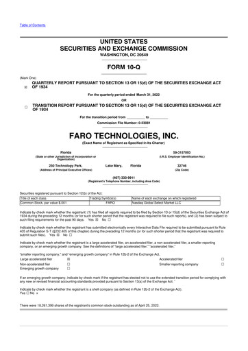 Miniature Faro Technologies
 10-Q Rapport trimestriel 2022 