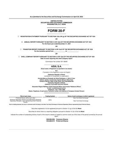 Thumbnail Azul 20-F Annual Report 2021