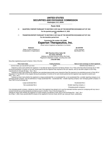 Thumbnail Esperion Therapeutics 10-Q Quarterly Report FY 