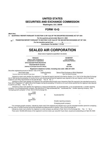 Thumbnail Sealed Air
 10-Q Quarterly Report FY2022 