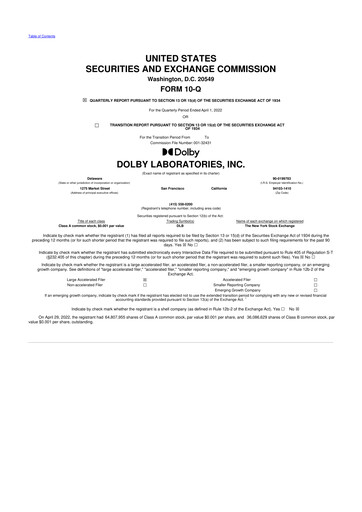 Thumbnail Dolby 10-Q Quarterly Report FY2022 