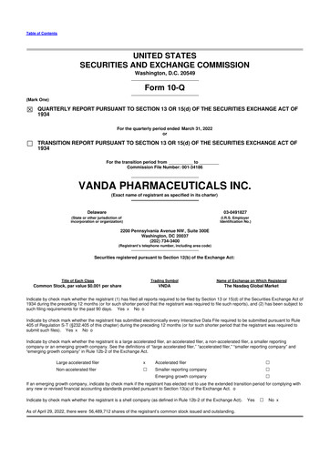 Miniature Vanda Pharmaceuticals 10-Q Rapport trimestriel 2022 