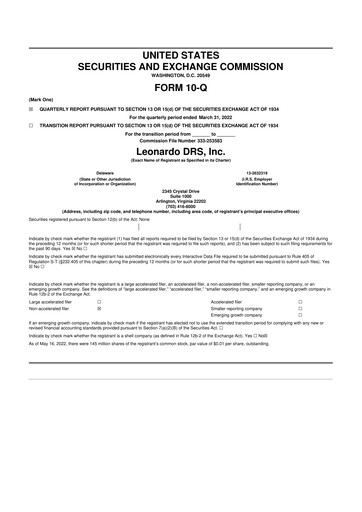 Miniature Leonardo DRS 10-Q Rapport trimestriel 2022 