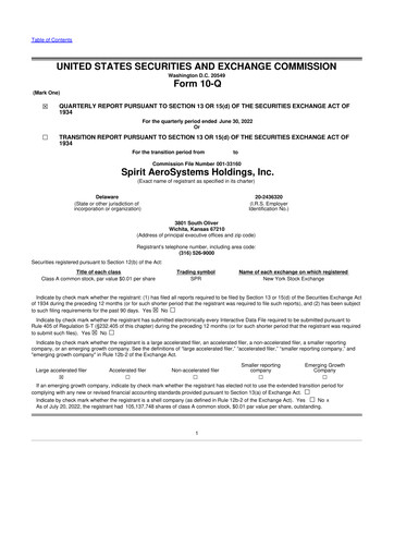 Miniature Spirit AeroSystems 10-Q Rapport trimestriel 2022 