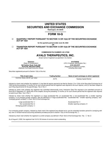Thumbnail Avalo Therapeutics 10-Q Quarterly Report FY2022 