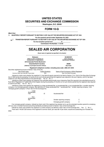 Thumbnail Sealed Air
 10-Q Quarterly Report FY2022 