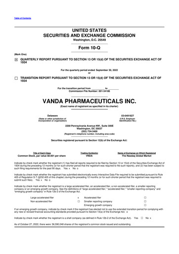 Miniature Vanda Pharmaceuticals 10-Q Rapport trimestriel 2022 