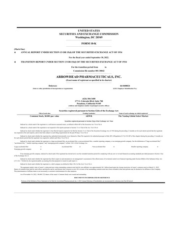 Thumbnail Arrowhead Pharmaceuticals
 10-K Annual Report 2022