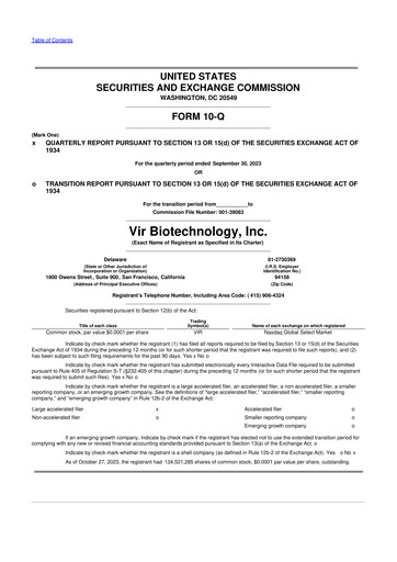 Miniature Vir Biotechnology
 10-Q Rapport trimestriel 2023 