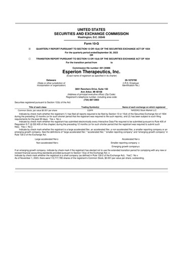 Thumbnail Esperion Therapeutics 10-Q Quarterly Report FY 
