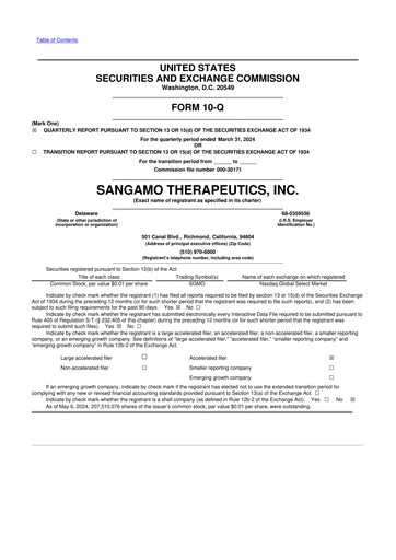Thumbnail Sangamo Therapeutics
 10-Q Quarterly Report FY2024 