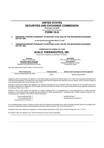 Thumbnail Avalo Therapeutics 10-Q Quarterly Report FY2024 
