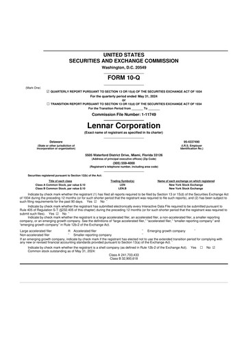 Miniature Lennar 10-Q Rapport trimestriel 2024 