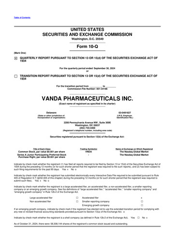 Miniature Vanda Pharmaceuticals 10-Q Rapport trimestriel 2024 