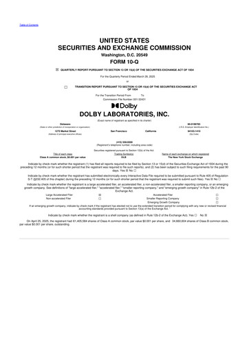 Thumbnail Dolby 10-Q Quarterly Report FY2025 