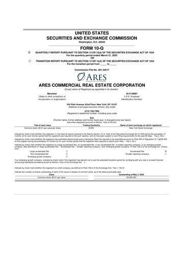Thumbnail Ares Commercial Real Estate 10-Q Quarterly Report FY2025 