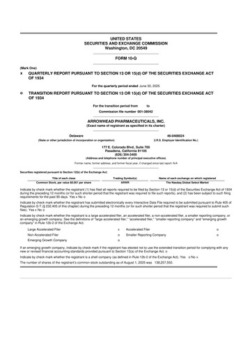 Thumbnail Arrowhead Pharmaceuticals
 10-Q Quarterly Report FY2025 