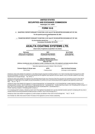 Miniature Axalta 10-Q Rapport trimestriel 2025 